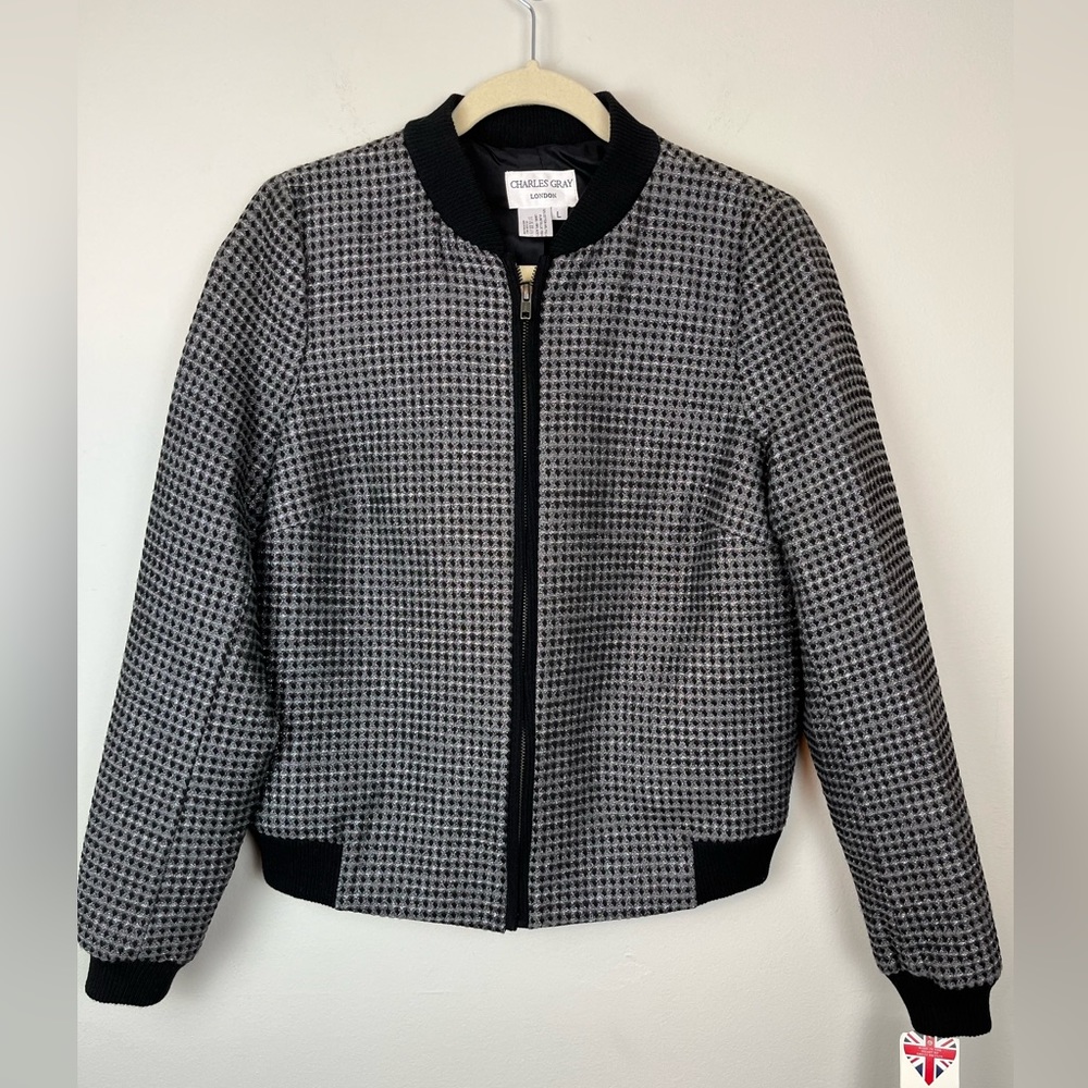 NWT CHARLES GRAY LONDON Black Gray Metallic Front Zip Bomber Jacket L